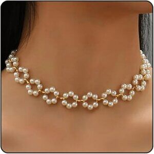 Pearl Choker Necklace Women Gold Plated Small Floral Pearls Beads Flower Mothers
